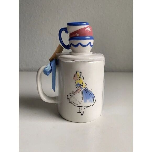 RAE DUNN Disney ALICE IN WONDERLAND “MAD TEA PARTY” Double Sided Mug W/ Topper - Picture 1 of 6